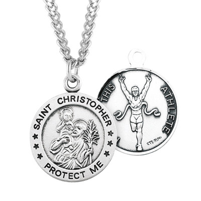 St Christopher Round Sterling Silver Track Male Athlete Medal Necklace 24'' Chain