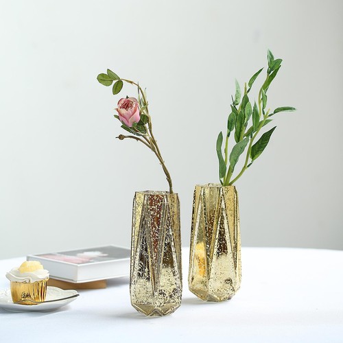 2 GOLD 8" große Quecksilber Glas geometrische Vasen Hochzeit Veranstaltungen Zuhause Mittelstücke - Bild 1 von 6