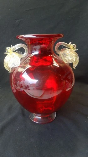 Venetian Murano Red Vase 2 Swan handles Gold Fleck 8 1/4"