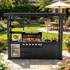 108" Outdoor Kitchen Island 6-Burner 85000BTU Gas Grill w/ Galvanized Steel Roof
