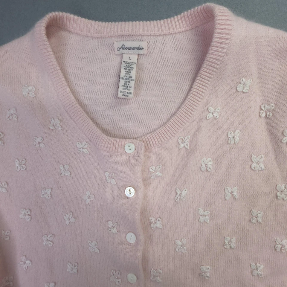 Abercrombie Cardigan Sweater Women L Actual Small Pink Angora Bow Beaded Japan - Image 2 of 4
