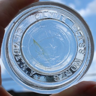 CLYDE GLASS WORKS NY  - Clear Glass Fruit Jar Insert Lid - Green Line