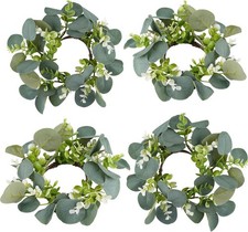 Rhytsing 4 pcs Artificial Eucalyptus Leaves Candle Rings, Wreaths of Pillar Can