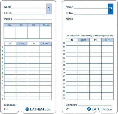 E14-100 Pack of 100 Time Cards, 2-Sided, for Use with  Model 400E Time Clock, 7''