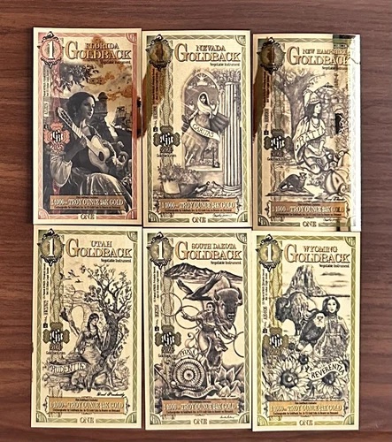 GOLD LOT OF 6 (COMPLETE 1 GOLDBACK SET FL, NV, NH, SD, UT, WY) 24K GOLD NOTES BU