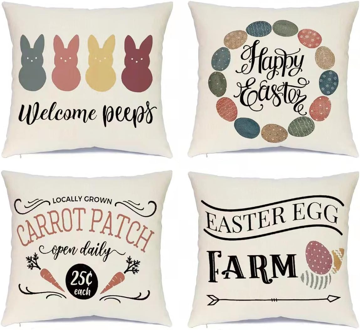 Farmhouse Easter Bunny Pillow Covers 18x18 Set of 4 Rabbit Decor