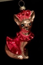 BLOWN GLASS CHIHUAHUA ORNAMENT DOG CHRISTMAS PUPPY RED DRESS NWT