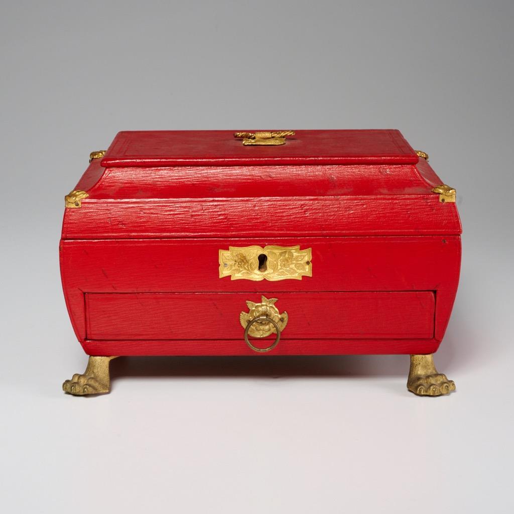 Red Wood Brass Clawfoot Victorian Georgian Sewing Jewelry Box 8.75"W Antique