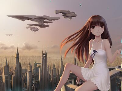 Anime brunettes clouds cityscapes dress futuristic Custom Gaming Mat Desk