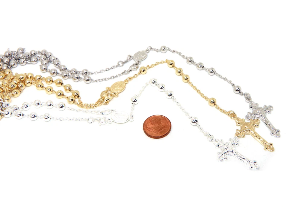 collana rosario argento 925 palline grandi 5mm madonna miracolosa 67cm oro croce - Immagine 2 di 3