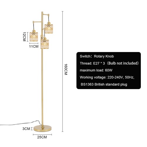 Modern Floor Lamp 3-Heads Round Crystal Pandent Shade Industrial Standing Lights - Picture 2 of 12