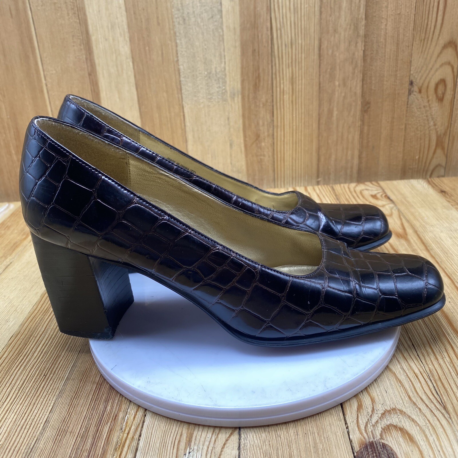 Nina Dress Heels Shoes Women's Size 7.5 Pump Croc Print Square Toe Brown