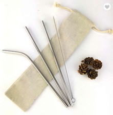 4pc Premium Stainless Steel Metal Silver Reusable Drinking Straw Kit & Eco Pouch