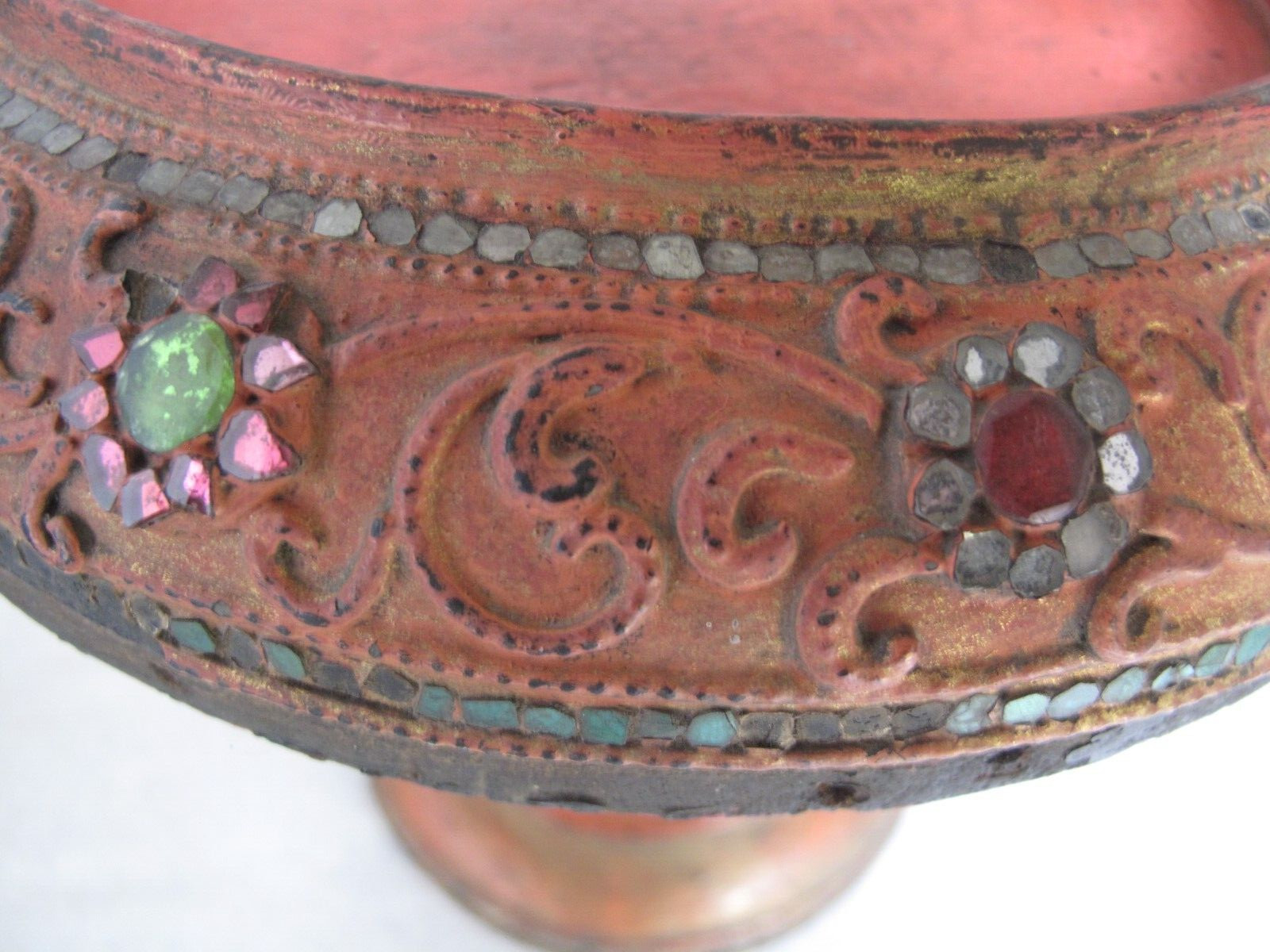 Antique Burmese Offering Vessel Base / Compote, Painted, small Glass Jewels 19c.