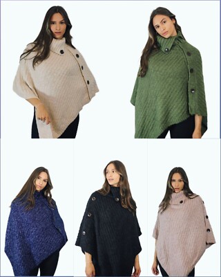 Damen Winter Aran Wasserfallausschnitt Poncho Knopfdetail gemütlich stilvoll für Freizeit Outfit