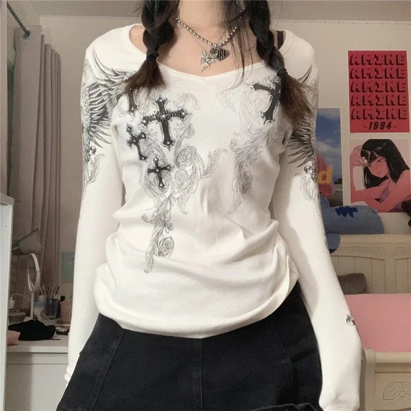 2000s Aesthetic T Shirt Graphic Cross Wings Print Long Sleeve Tops y2k Women