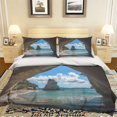 3D Sky Clouds Beach Cave Stone Tree Quilt Cover Set Bedding Sets Pillowcases 64