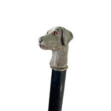 hand carved dog handle wooden walking stick cane metal ring accent