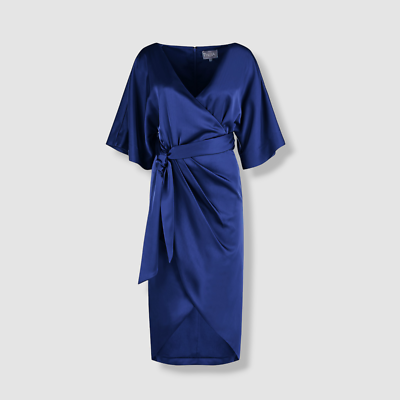 theia v neck satin dress $645 Theia Women's Blue Alicia V-Neck Satin Cocktail Dress Size 4