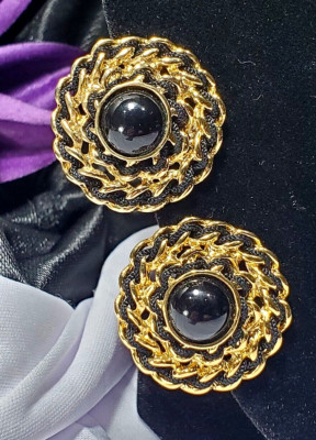 Vintage Gold Black Corded Trifari Earrings NOC