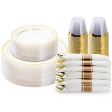 175PCS Clear Gold Plastic Dinnerware Set, Disposable Party Plates for 25 Gues...