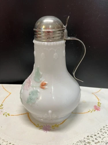 Antique Syrup Pitcher Milk Glass Hand Painted Victorian Era Beaded Detail