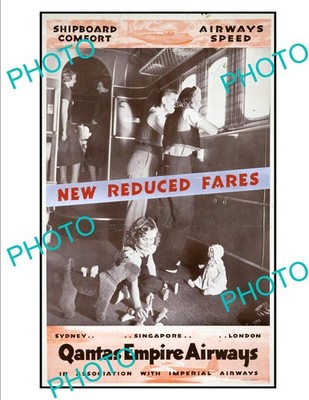 Aviation Poster Qantas Airways Reduced Fares c1950S Old Historic Photo
