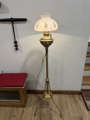 Antique Victorian Oil Brass Piano Parlor Floor Lamp Converted Electric / Shade