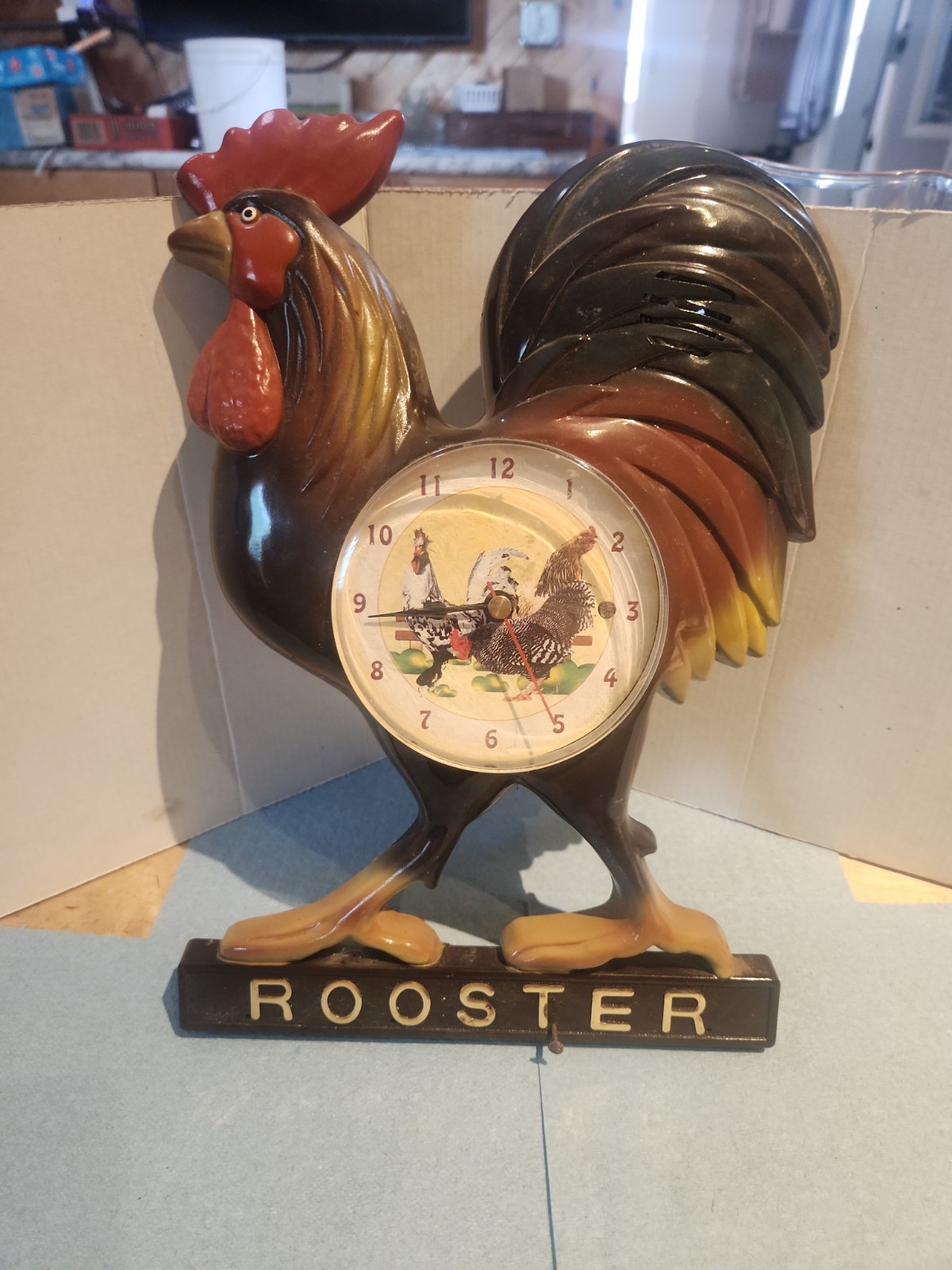 Vtg Rooster Wall Clock Hanger Farmhouse Works May Have Chime Kitchen Farmcore