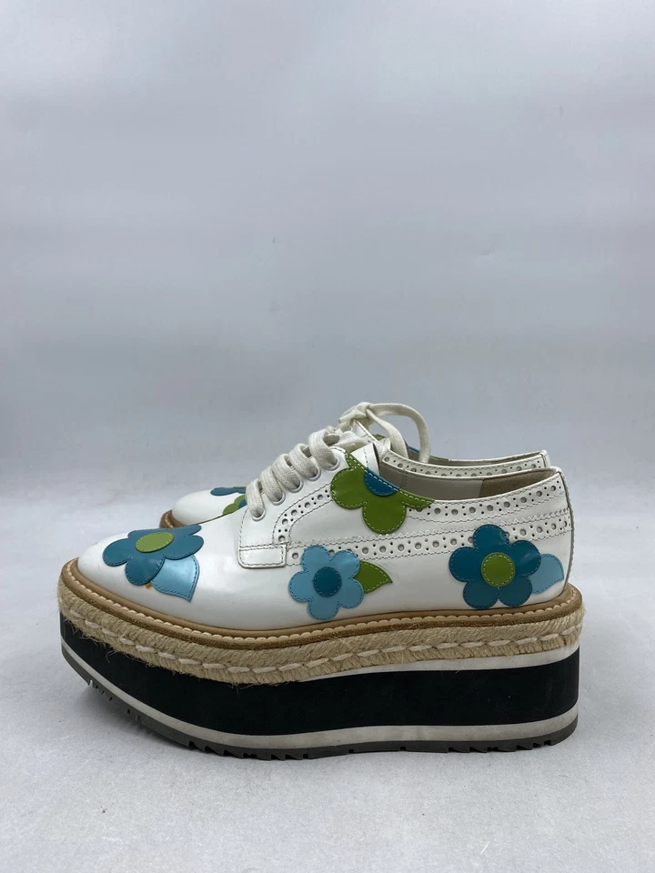 Эспадрилья Prada белая с цветочным узором Spazzolato кожа высокая платформа Oxford W 5 - Изображение 3 из 4