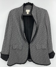 Chicos Blazer Jacket Herringbone Black White Ruffle Trim Pockets Stretch Size 1