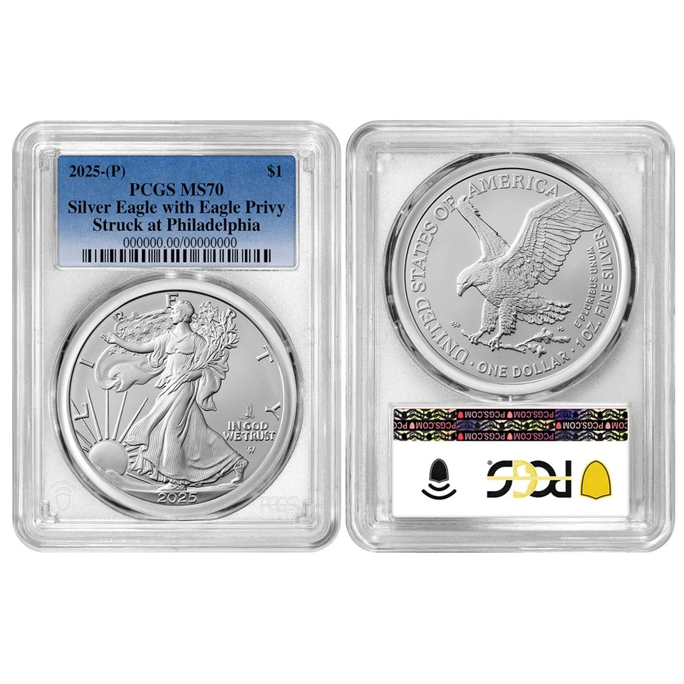 Серебряный американский орел 2025 (P) $1 First Eagle Privy PCGS MS70 синяя этикетка - Изображение 3 из 3