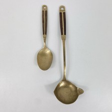 Vtg Wood & Brass Inlay Serving Spoon & Ladle Thailand MCM Modernist Danish Style