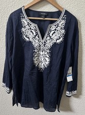 Karen Kane Size XL Lightweight Cotton Embroidered Navy Tunic Blouse USA
