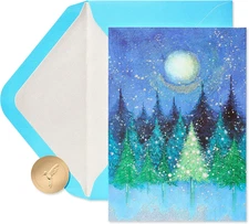 Box of 14 Glitter Winter Scene Christmas Cards with Aqua Envelopes & Gold Seals