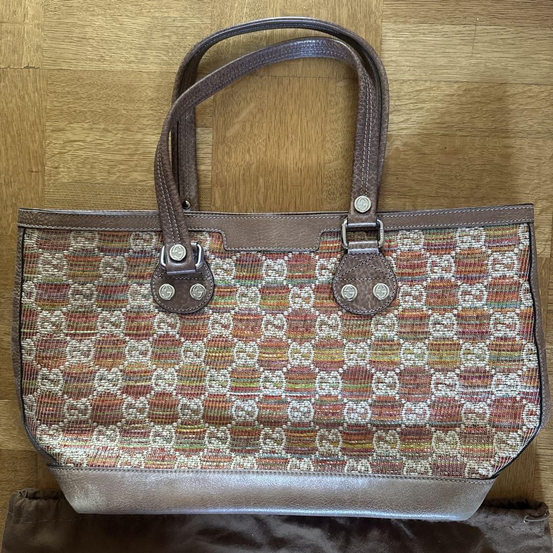 GUCCI GG Sunset Tote Bag Straw Leather Multicolor Women Paglia Design