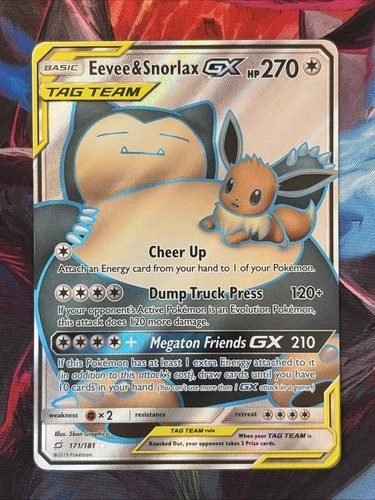 Eevee & Snorlax GX Full Art Holo Card 171/181 Sm-Team Up LP/NM Condition