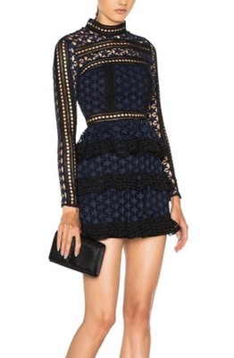 Self Portrait Mini Dress Small Navy Blue Black Star Lace Long Sleeve Tiered  | eBay