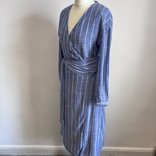 Sezane Midi Dress Size 36 UK 8 Blue Stripe Wrap Lined Long Sleeve Classic - Picture 4 of 9