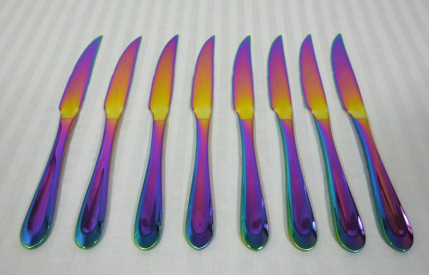 Set of 8 Lenox Stainless Steel Cutlery 9.5" Steak Knives. Iridescent Rainbow.