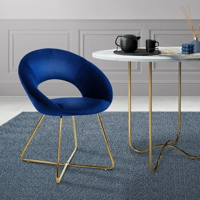 Chaise de salle à manger en velours avec dossier rond bleu pieds en métal doré - Photo 1/4