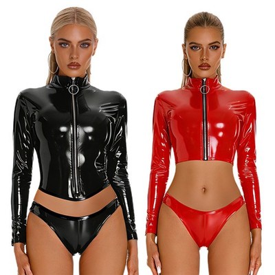 DE Frauen Wet Look PU Crop Jacke Stand Kragen Reißverschluss Langärmel mit Hosen