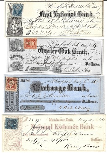 CIVIL WAR ERA Patriotic/Fancy Lot 4 Bank Checks w/Stamps 