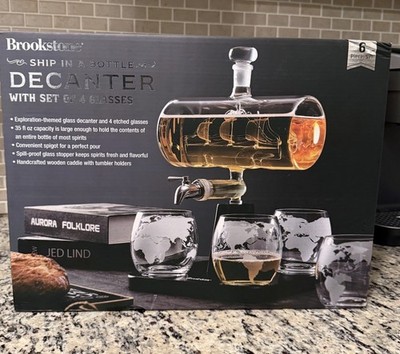 Brookstone Ship in a Bottle Decanter Set 35oz 4 Etched Glasses Wood Caddy Spigot