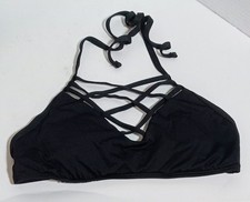 NWT Mossimo Black Strappy Halter Tie Bikini Top Breast Pads Mesh Black Lace S