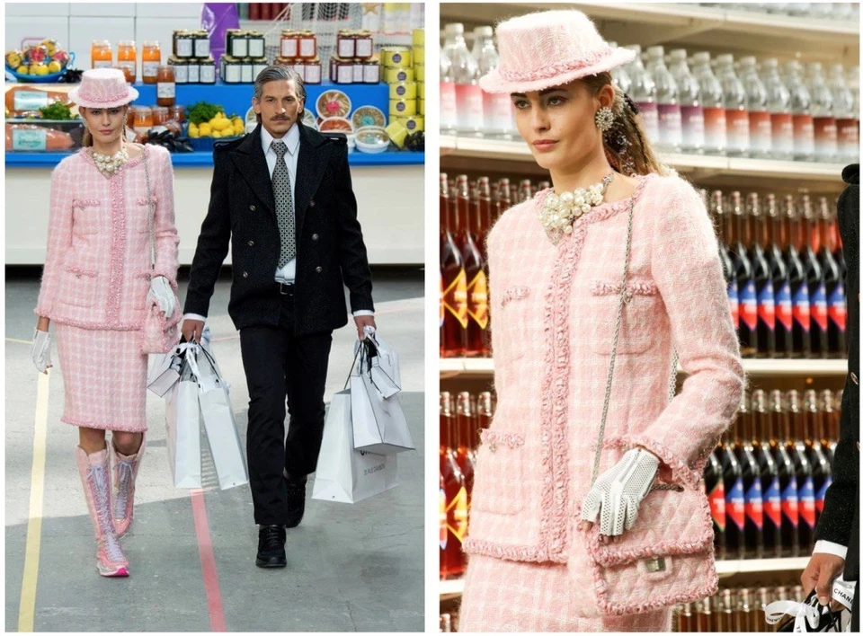 Chanel F/W 2014 Supermercado Barbie Rosa Blanco Cuadros 14A Fantasía Tweed Chaqueta Foto 4 de 4