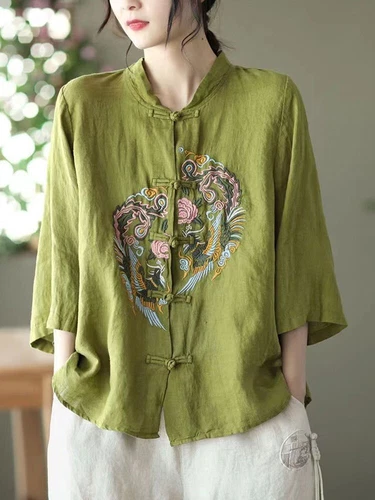 Chinese style cotton linen shirt embroidered top women's stand up collar party- - Bild 4 von 22