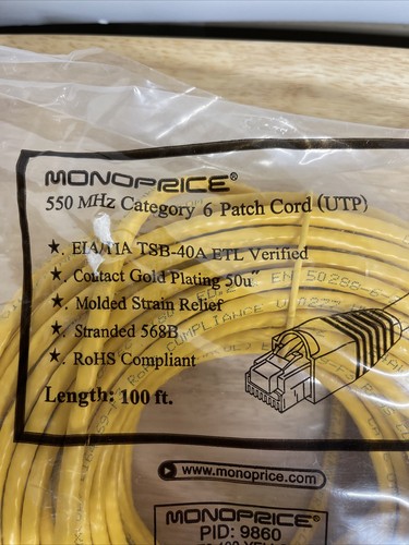 MONOPRICE 9860 Patch Cord Cat 6 Flexboot Yellow 100 ft. New - Picture 2 of 3