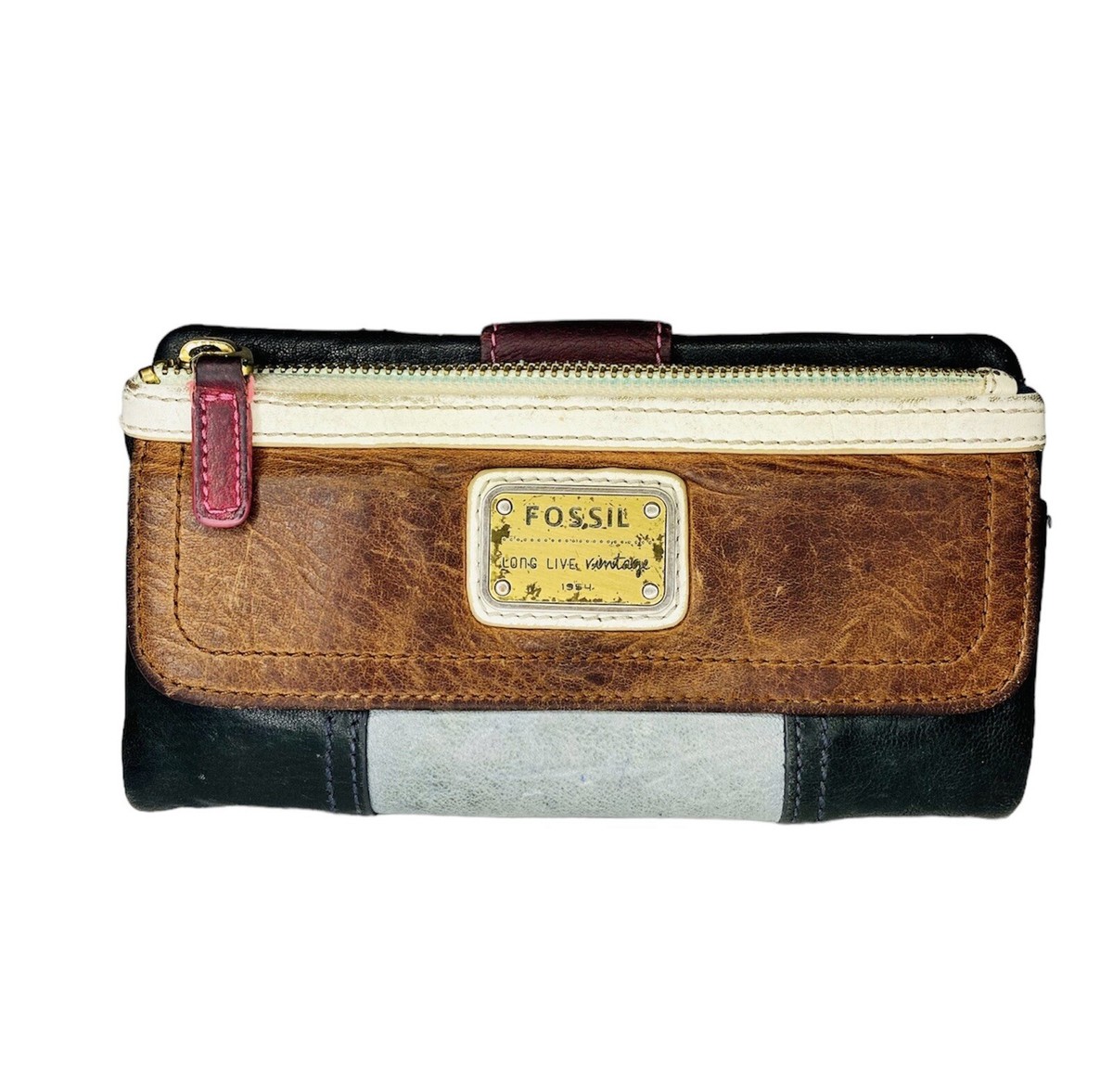 Fossil Long Live Vintage 1954 Wallet Long Leather Brown Blue Red