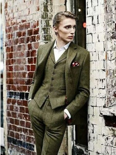 Men's Olive Green Suits Check Plaid Vintage 3 Pieces Tweed Groom Tuxedos Suit - Picture 2 of 10